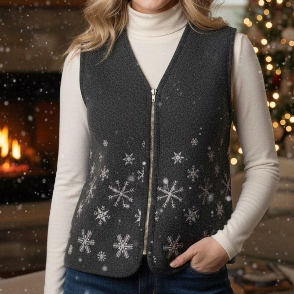 David Brooks Sz XL Wool Blend Snowflake Charcoal Gray Winter Cozy Vest